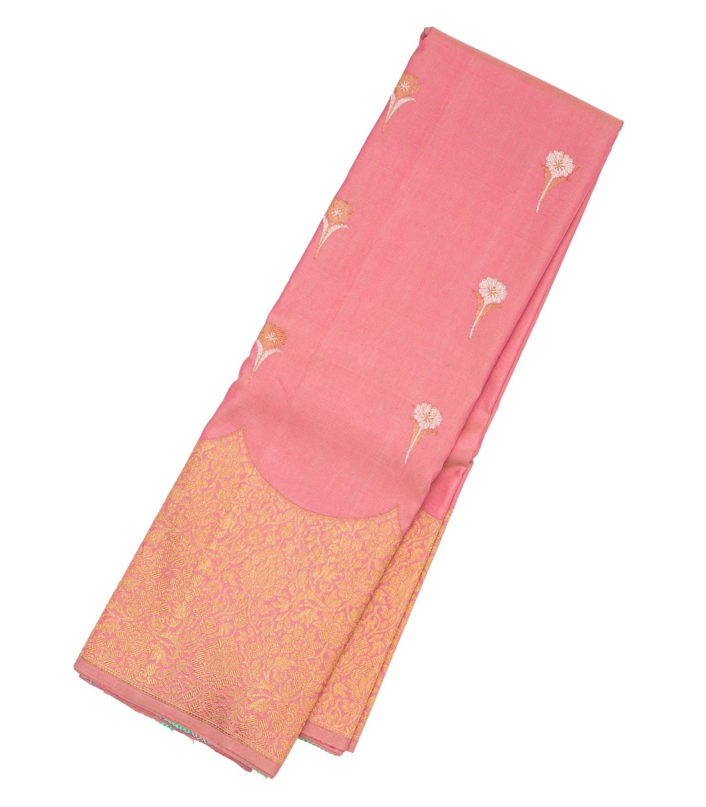 Peach Handloom Kanchipuram Silk Saree With Floral Buttas