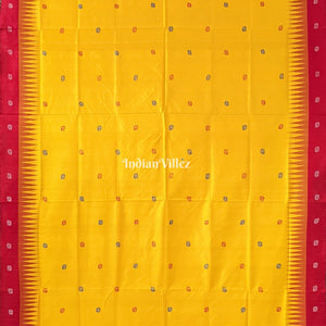 Yellow Red Flower Motif Odisha Ikat Bomkai Silk Saree