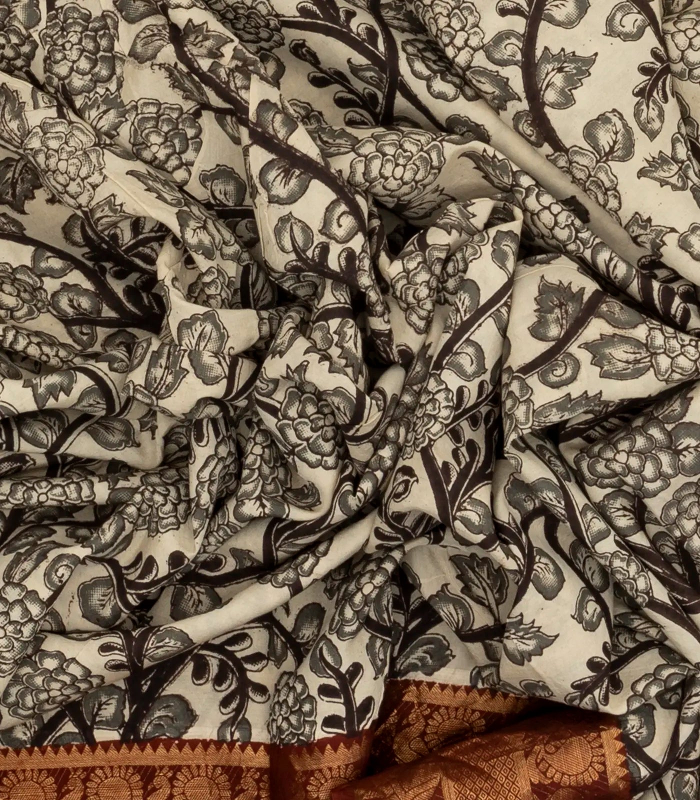 Off White Handloom Kalamkari Cotton Saree With Printed Annam Vine Motifs