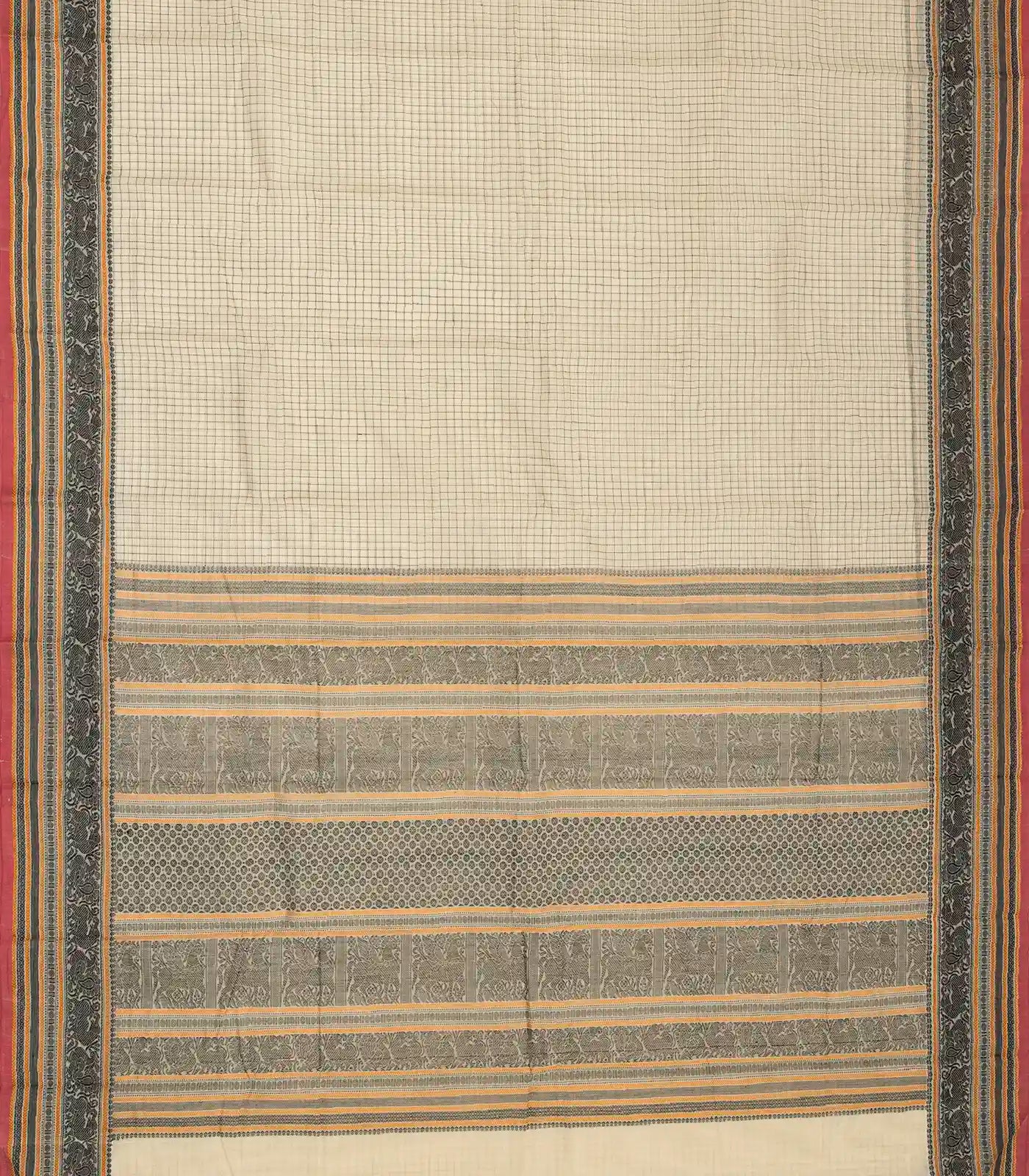 White Handloom Kanchi Cotton Saree With Checks