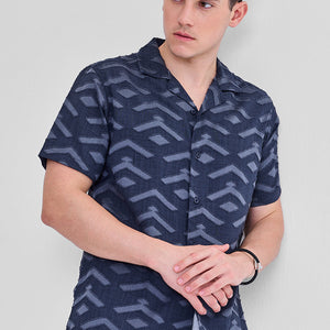 Dark Blue Geometric Box Fit Shirt