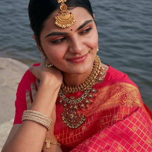 Pink Handloom Kanchipuram Silk Saree With Checks & Kamalam Motifs