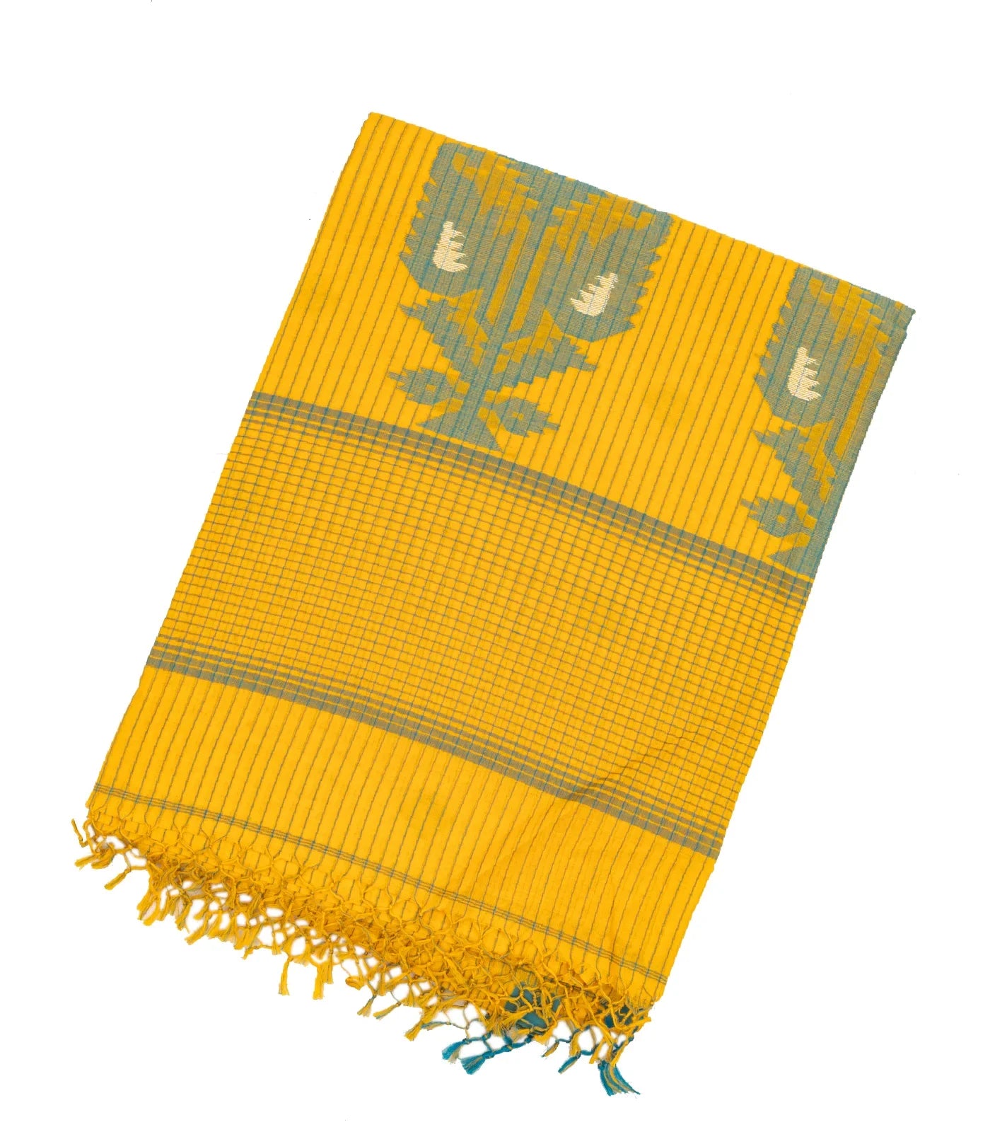 Yellow Handloom Bengal Cotton Saree And Floral Buttas