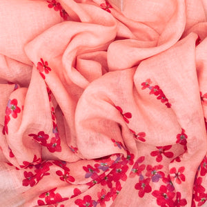 Bubblegum Pink Handloom Linen Saree With Printed Red Floral Motifs