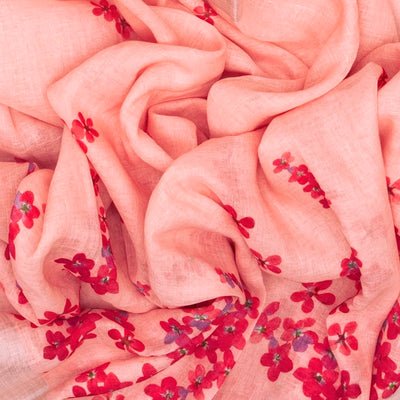 Bubblegum Pink Handloom Linen Saree With Printed Red Floral Motifs