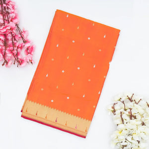 Orange Handwoven Banarasi Silk Saree With Floral Motif Buttas