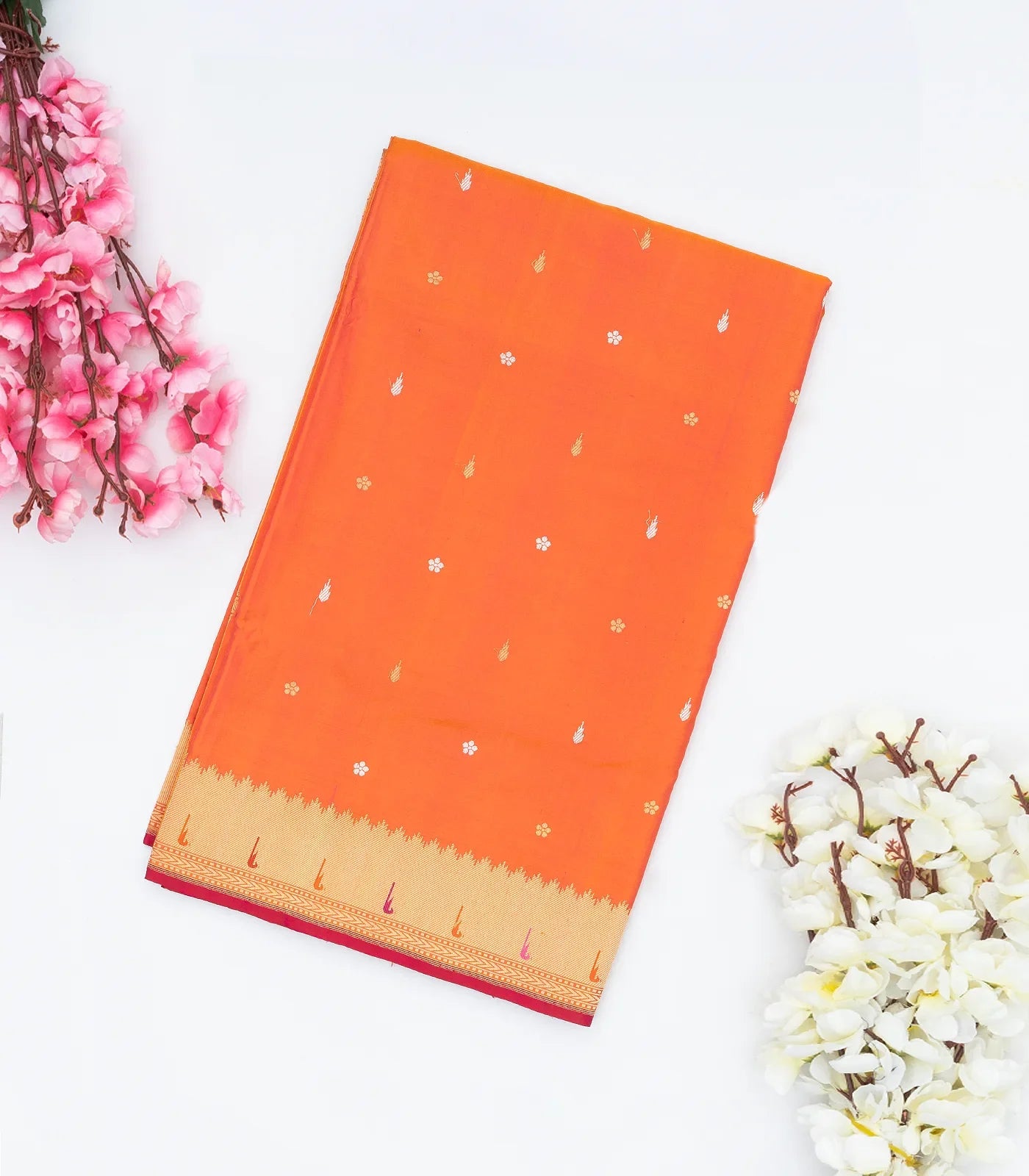 Orange Handwoven Banarasi Silk Saree With Floral Motif Buttas