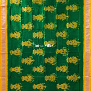 Green Yellow Nartaki Face Head Sambalpuri Ikat Silk Saree