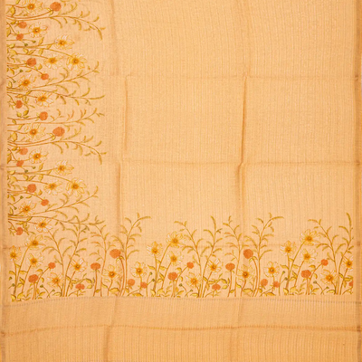 Peach Handwoven Linen Saree Printed With Floral Motifs