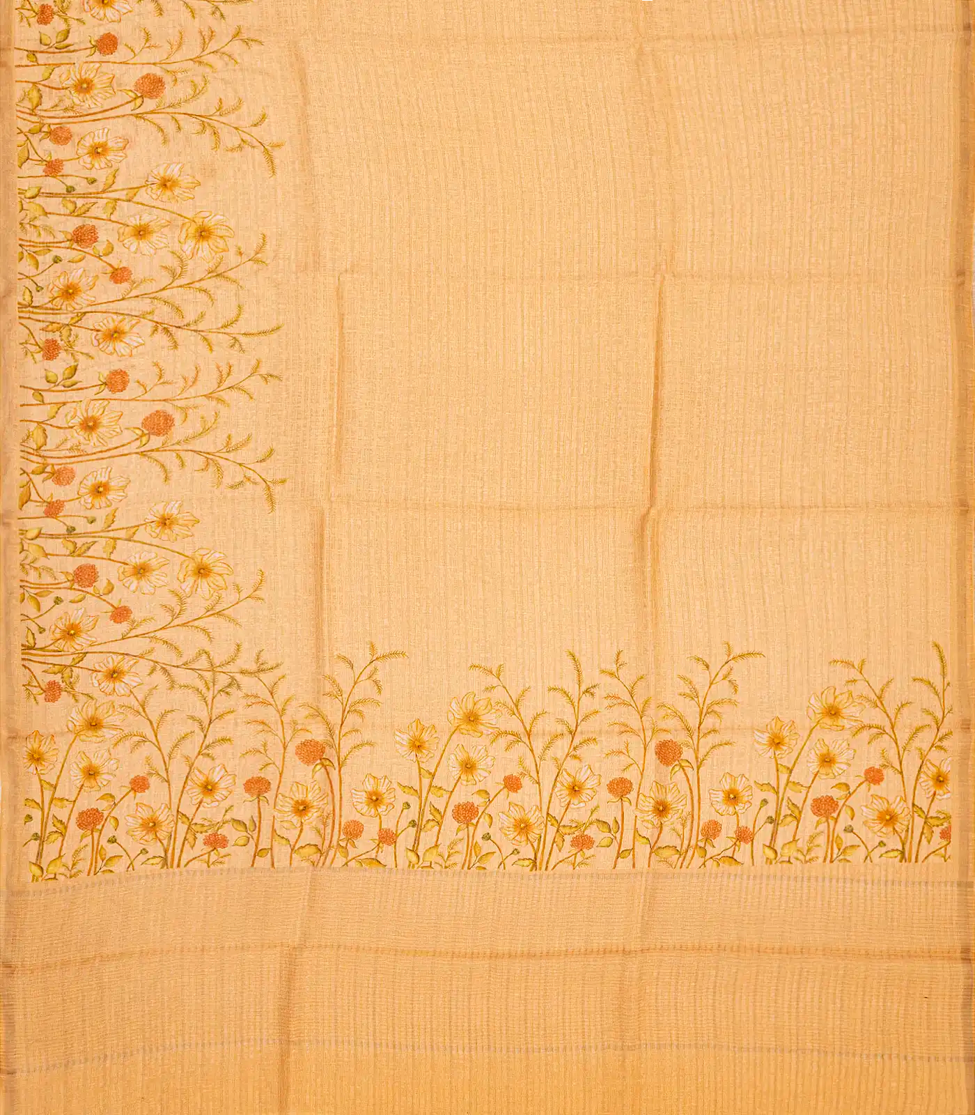 Peach Handwoven Linen Saree Printed With Floral Motifs