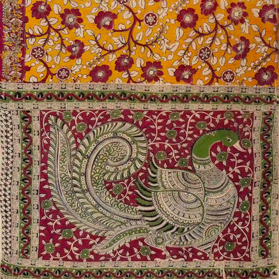 Mango Yellow Woven Kalamkari Kota Cotton Saree With Printed Floral Motifs