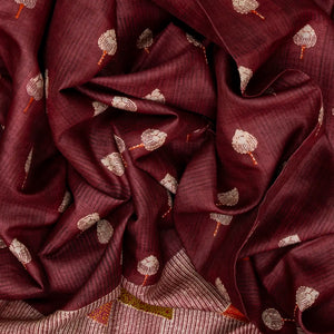Maroon Handloom Tussar Silk Saree With Printed & Embroidered Triangle Motifs