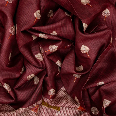 Maroon Handloom Tussar Silk Saree With Printed & Embroidered Triangle Motifs