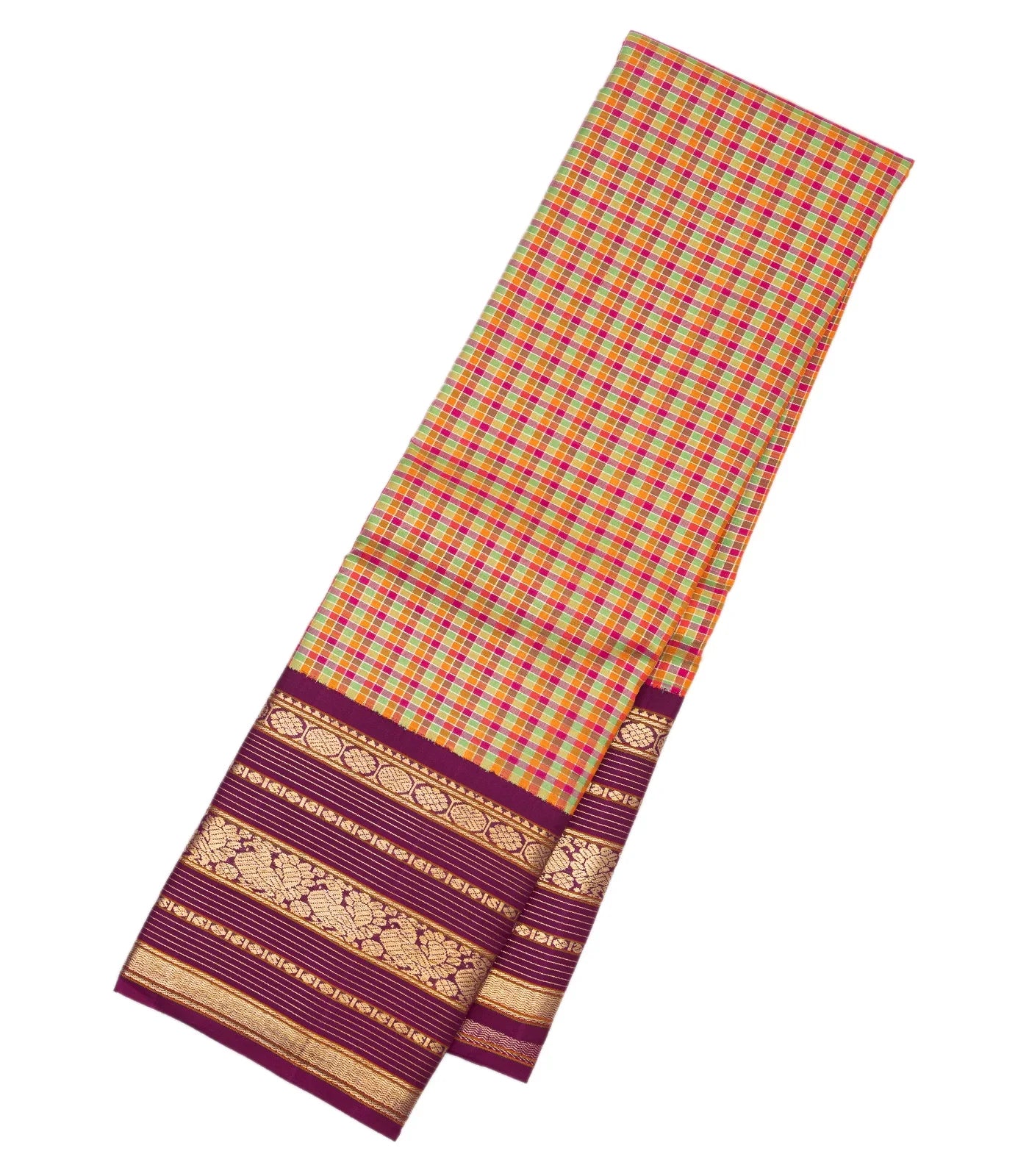 Multi Colour Handloom Kanchipuram Korvai Silk Saree With Checks
