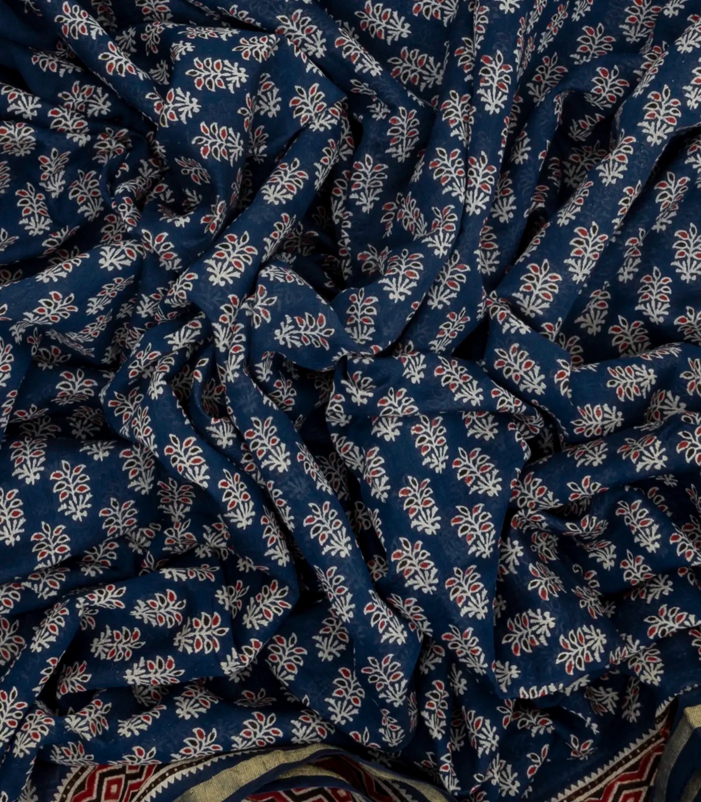 Navy Blue Woven Jaipur Cotton Saree And Printed Floral Motifs