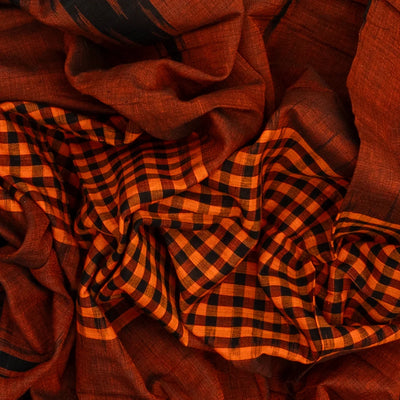 Rust Orissa Cotton Saree With Black Temple Border