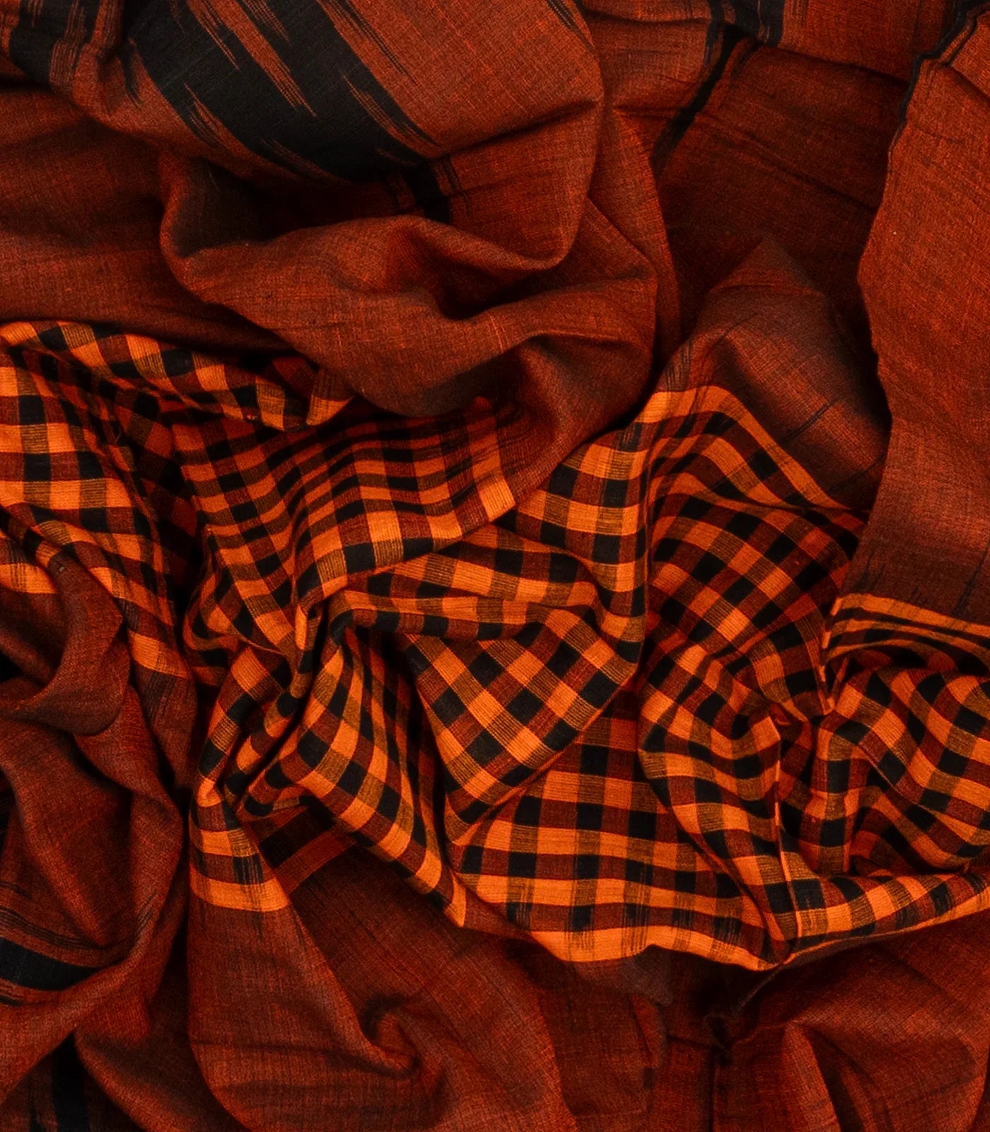 Rust Orissa Cotton Saree With Black Temple Border