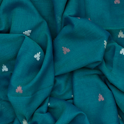 Cyan Handloom Bengal Cotton Saree With Temple Motifs