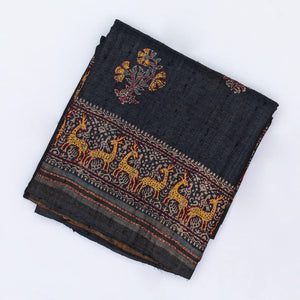 Black Handloom Tussar Silk Saree With Printed & Embroidered Deer Motifs