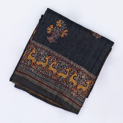 Black Handloom Tussar Silk Saree With Printed & Embroidered Deer Motifs