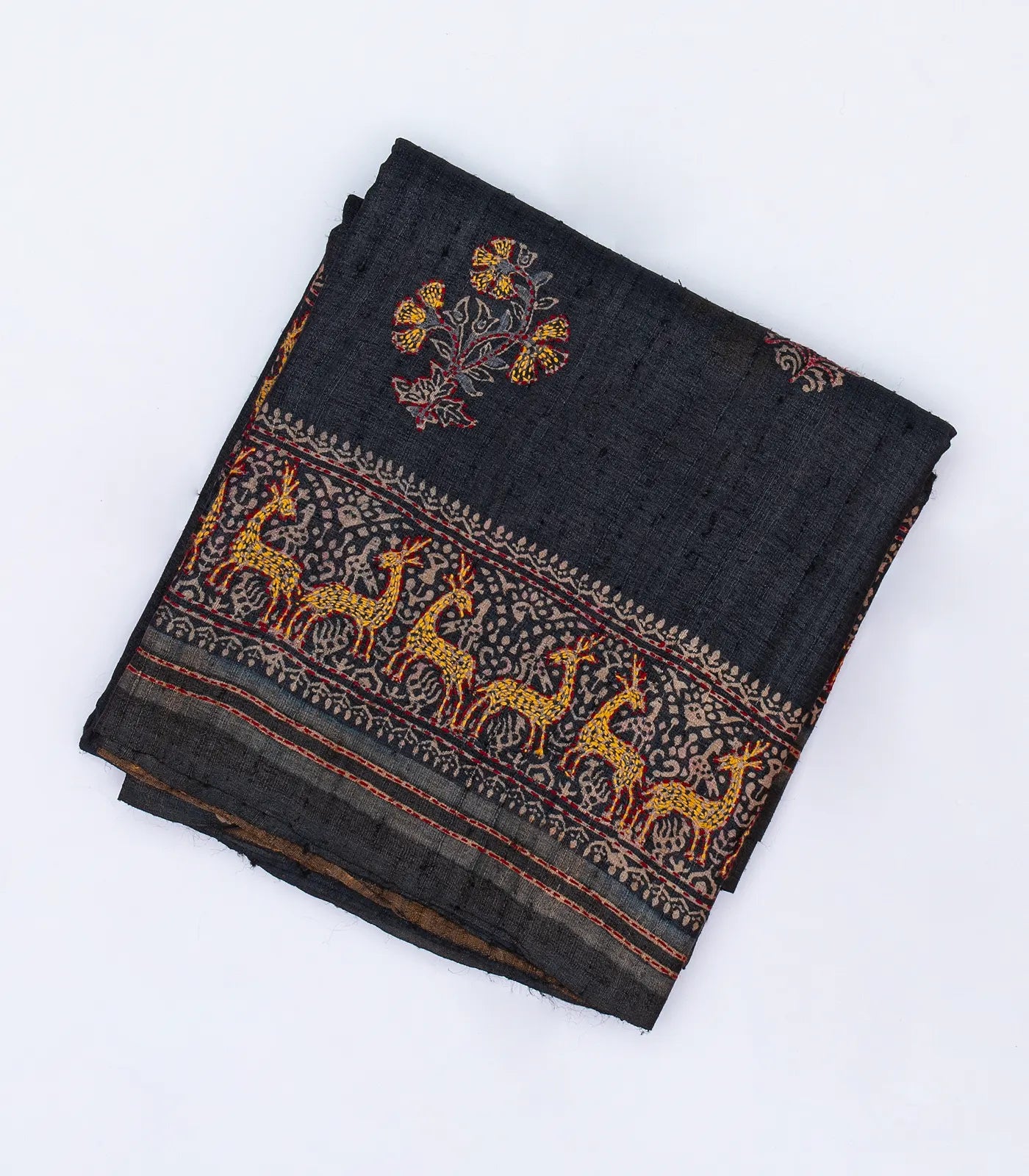 Black Handloom Tussar Silk Saree With Printed & Embroidered Deer Motifs