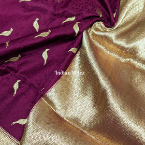 Wine Parrot Motif Pure Banarasi Katan Silk Saree