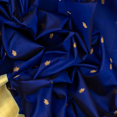 Dark Blue Handloom Kanchipuram Korvai Silk Saree With Floral Buttas