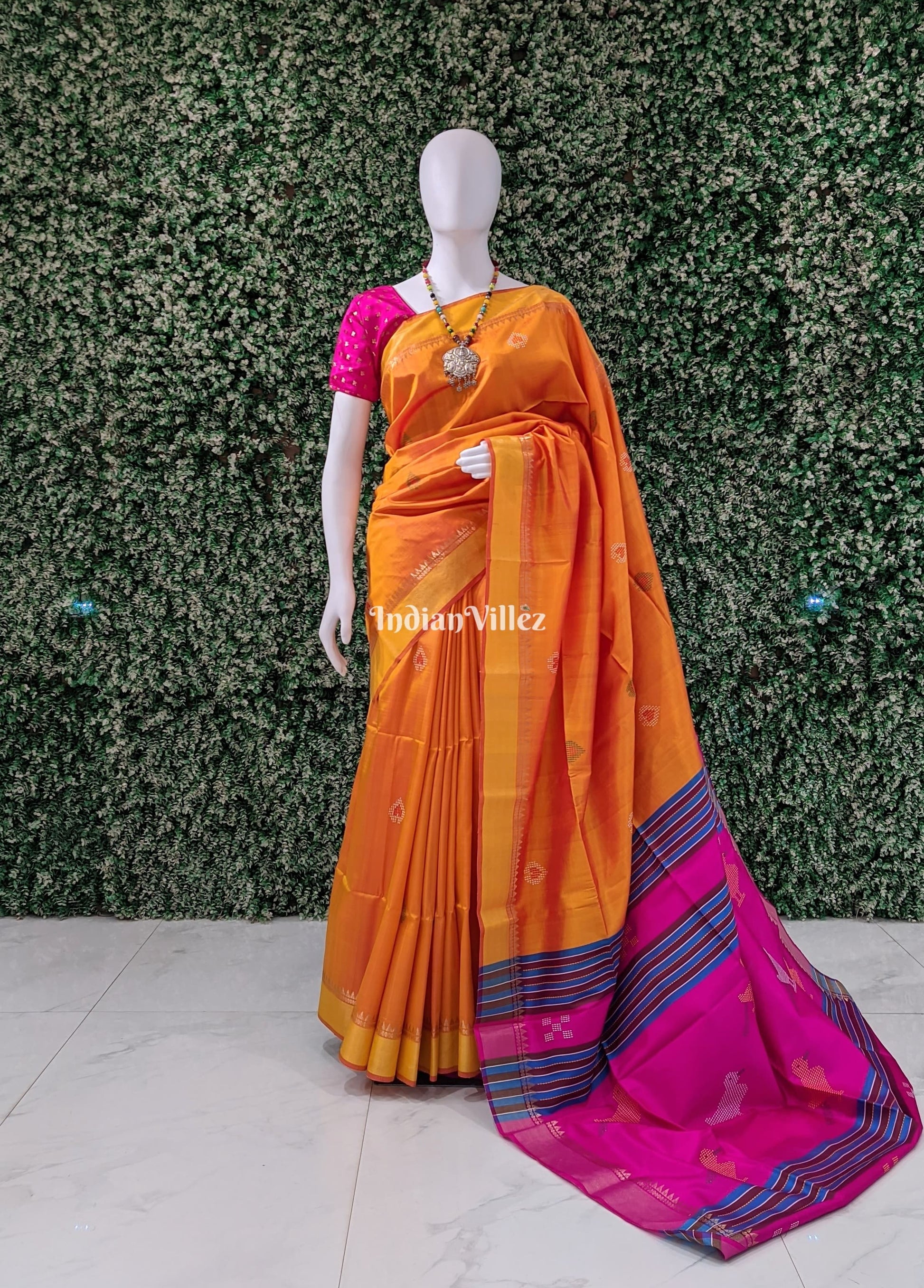 Mustard Orange Rani Handwoven Bishnupuri Silk Saree