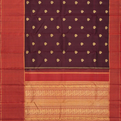 Dark Brown Handloom Kanchipuram Silk Saree With Mango Buttas