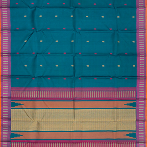 Cyan Handloom Kanchi Cotton Saree With Vanki Motifs