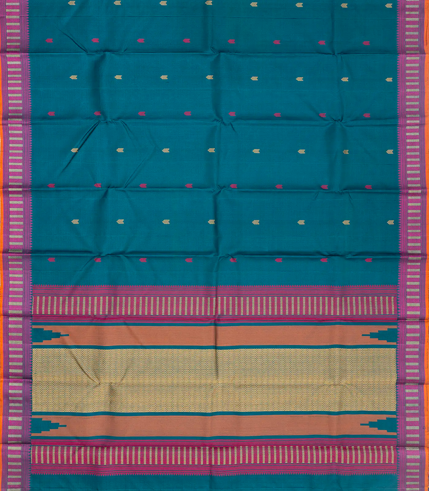 Cyan Handloom Kanchi Cotton Saree With Vanki Motifs