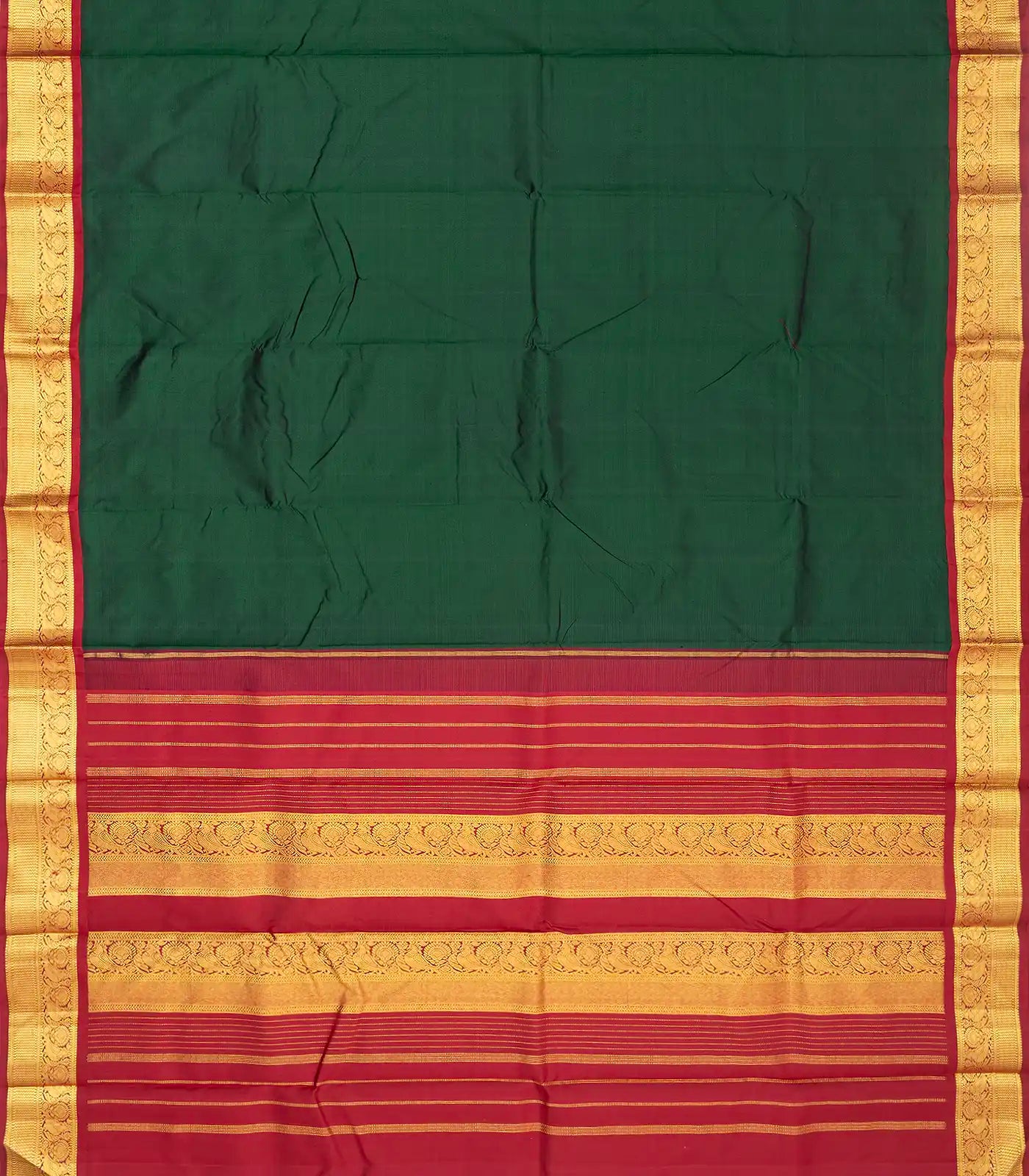 Bottle Green Handloom Kanchipuram Korvai Silk Saree With Crimson Border
