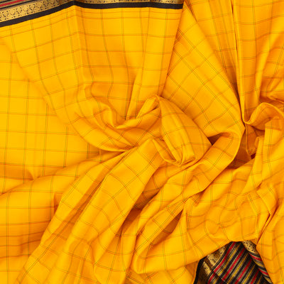 Yellow Handloom Kanchipuram Korvai Silk Saree With Meena Checks