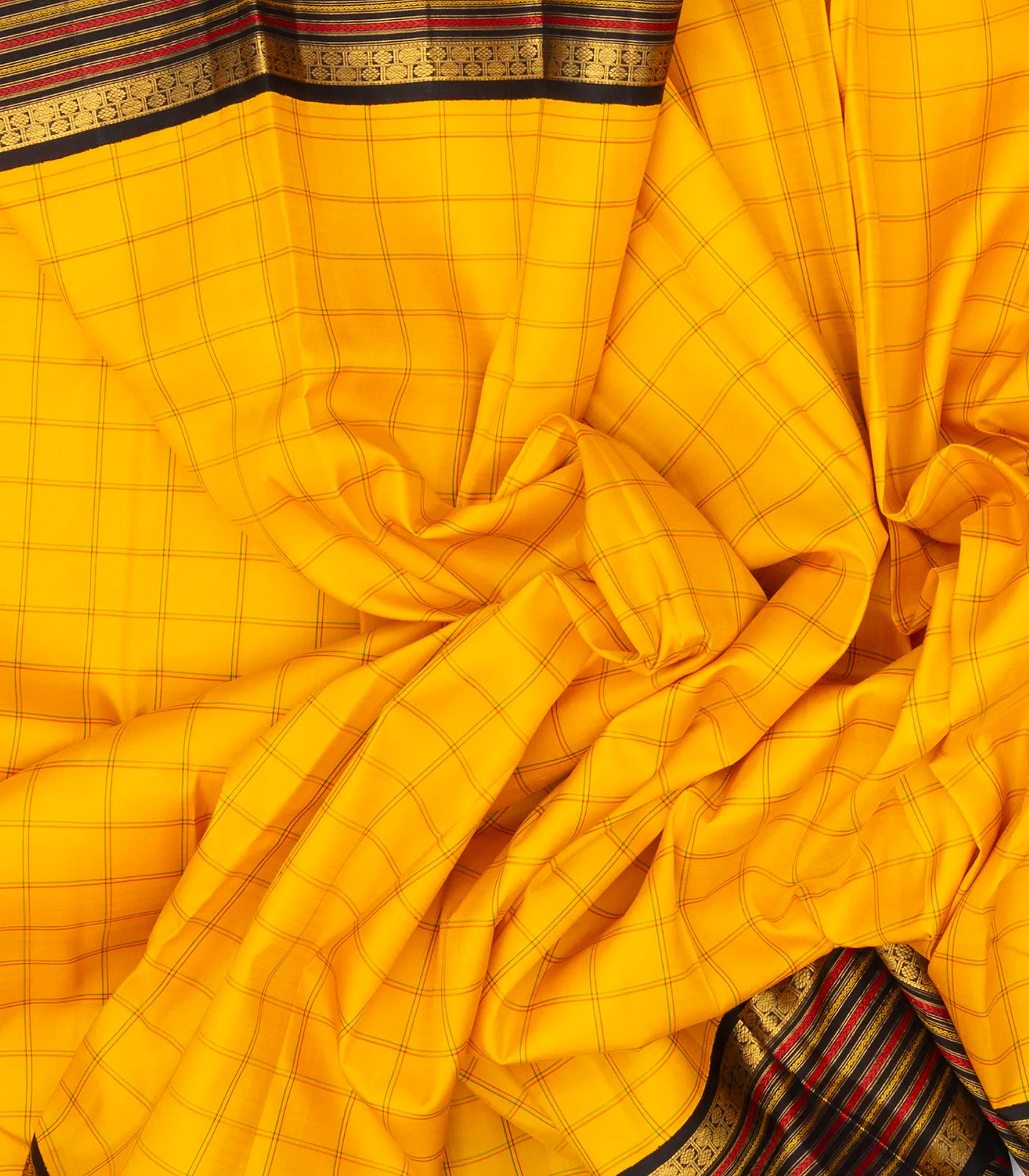 Yellow Handloom Kanchipuram Korvai Silk Saree With Meena Checks