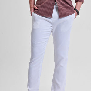 White Self-Design Slim Fit Trousers