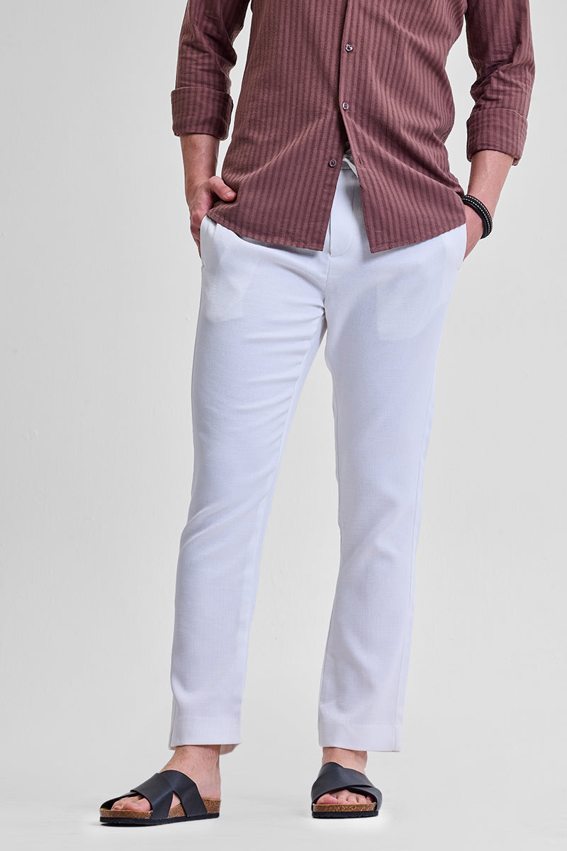 White Self-Design Slim Fit Trousers