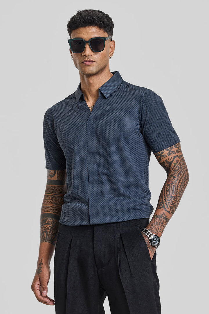 Greyish Blue Textured Polo T-Shirt