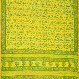 Lemon Yellow Handloom Chanderi Cotton Saree With Printed Green Floral Motif