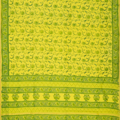 Lemon Yellow Handloom Chanderi Cotton Saree With Printed Green Floral Motif