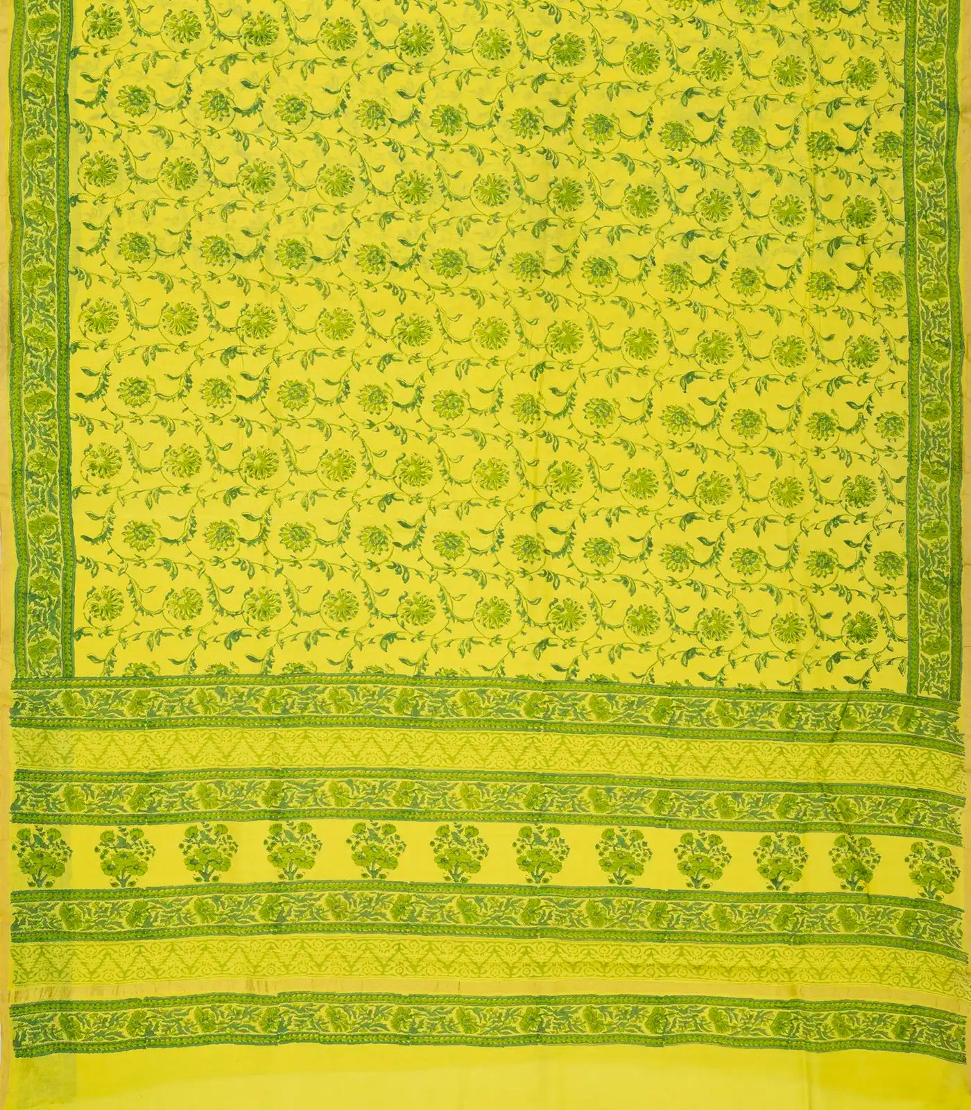 Lemon Yellow Handloom Chanderi Cotton Saree With Printed Green Floral Motif