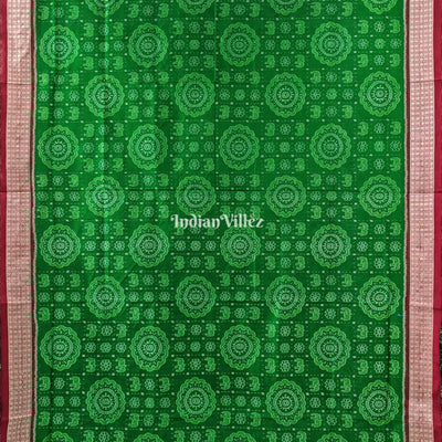 Green Red Elephant & Flower motif  Sambalpuri Ikat Silk Saree