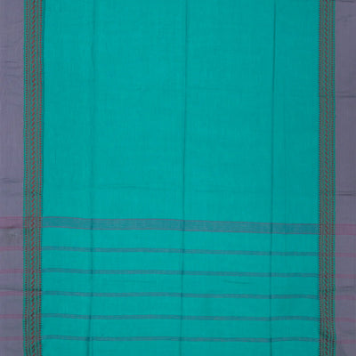 Cyan Handloom Bengal Cotton Saree With Grey Border