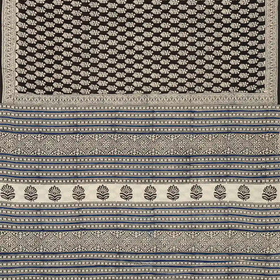 Black Woven Jaipur Cotton Saree Printed With Cream Floral Motifs