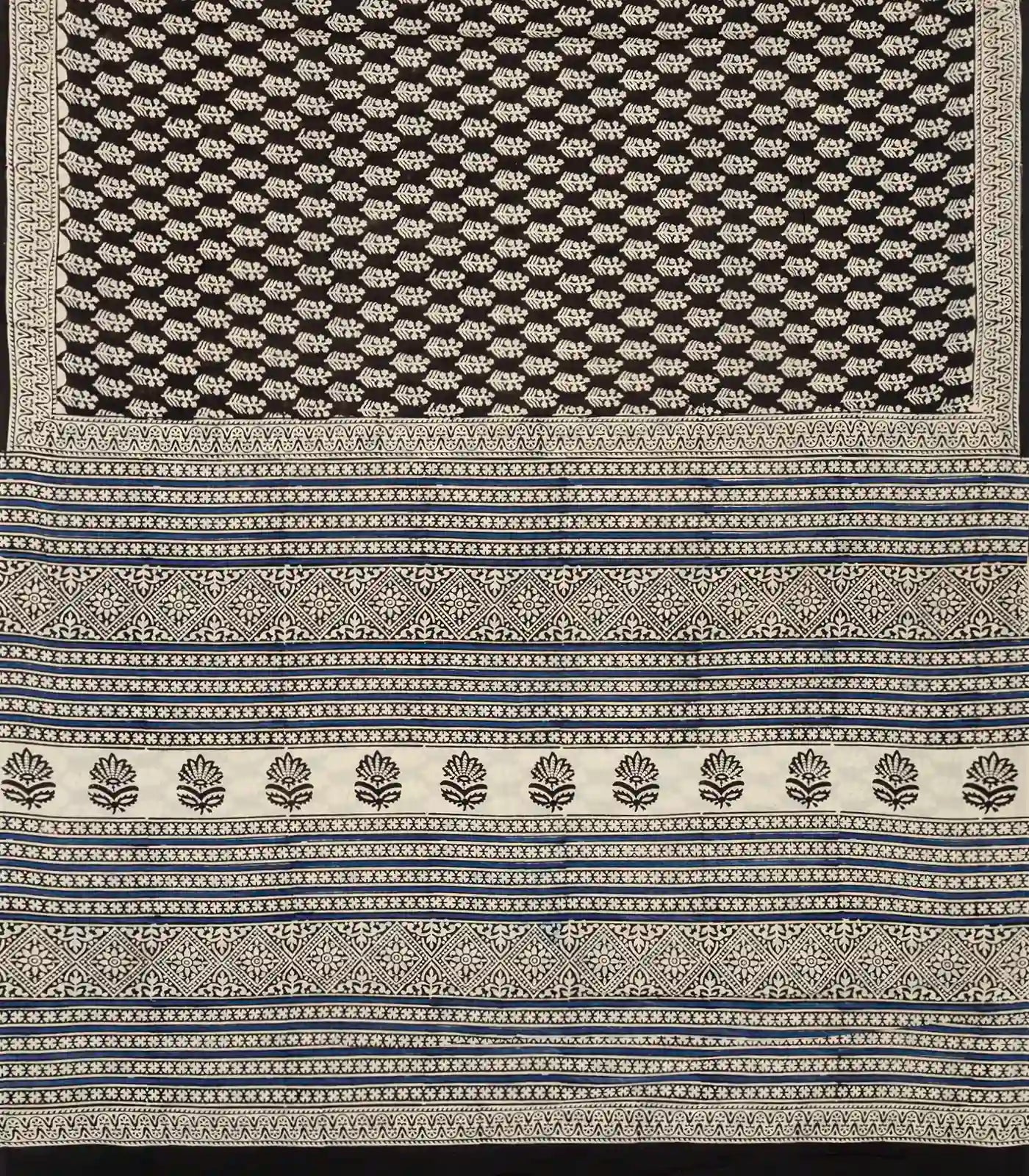 Black Woven Jaipur Cotton Saree Printed With Cream Floral Motifs