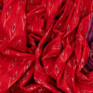 Red Orissa Cotton Saree With Tie & Dye Motifs & Contrast Navy Blue Border