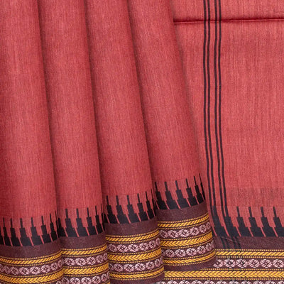 Chestnut Pink Woven Tussar Silk Saree With Temple Border-Chestnut Pink