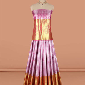 Lavender floral buttas art-silk half saree, contrast traditional zari border,zari design blouse & striped geometric dhavani