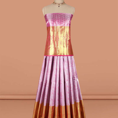 Lavender floral buttas art-silk half saree, contrast traditional zari border,zari design blouse & striped geometric dhavani