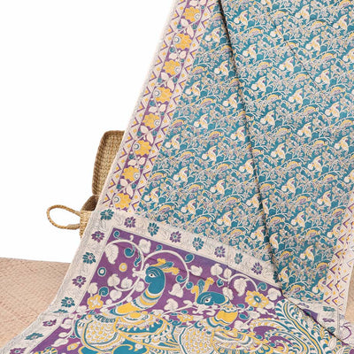 Blue floral & bird machine-printed kalamkari cotton saree, contrast floral & chevron pallu & peacock pallu