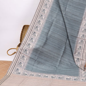 Green  checked semi-banaras tussar saree with contrast jacquard border & striped pallu